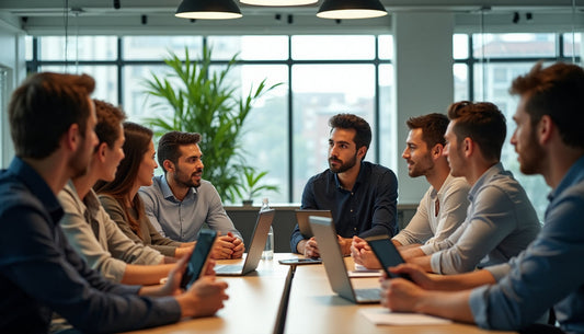 Team collaborates in bright office with smartphones