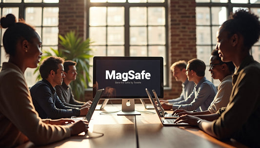 Coworkers using MagSafe devices at bright modern office table