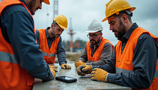 Construction workers using rugged wet phone at worksite