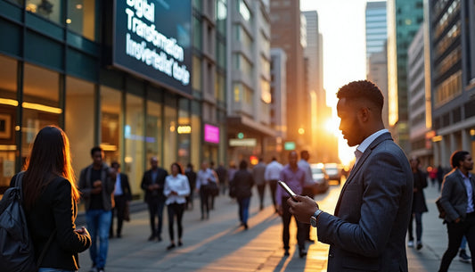 Johannesburg sunrise with busy street and digital billboard showing 'Digital Transformation'