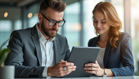 Professionals using devices with screen protectors in sunlit office