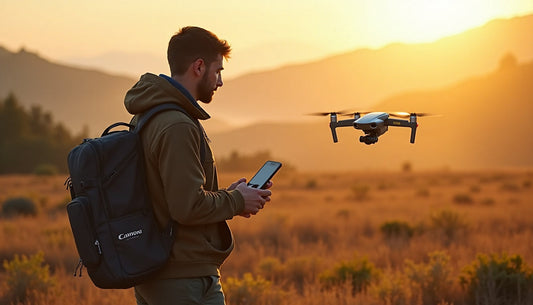Drone pilot operates high-tech drone during early sunrise