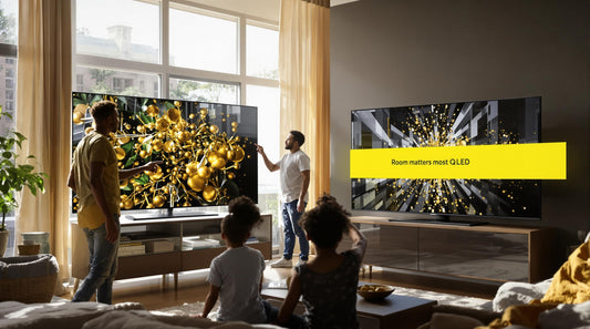 Family compares OLED and QLED TVs in bright living room