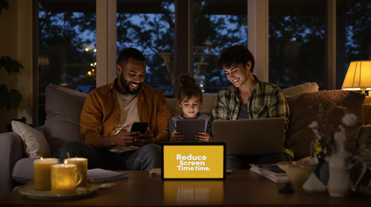 Family in cozy living room each using digital device with 'Reduce Screen Time' visible on tablet