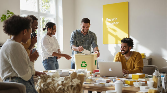 People recycling old iPhones in a modern home, 'Recycle Smarter' poster visible.