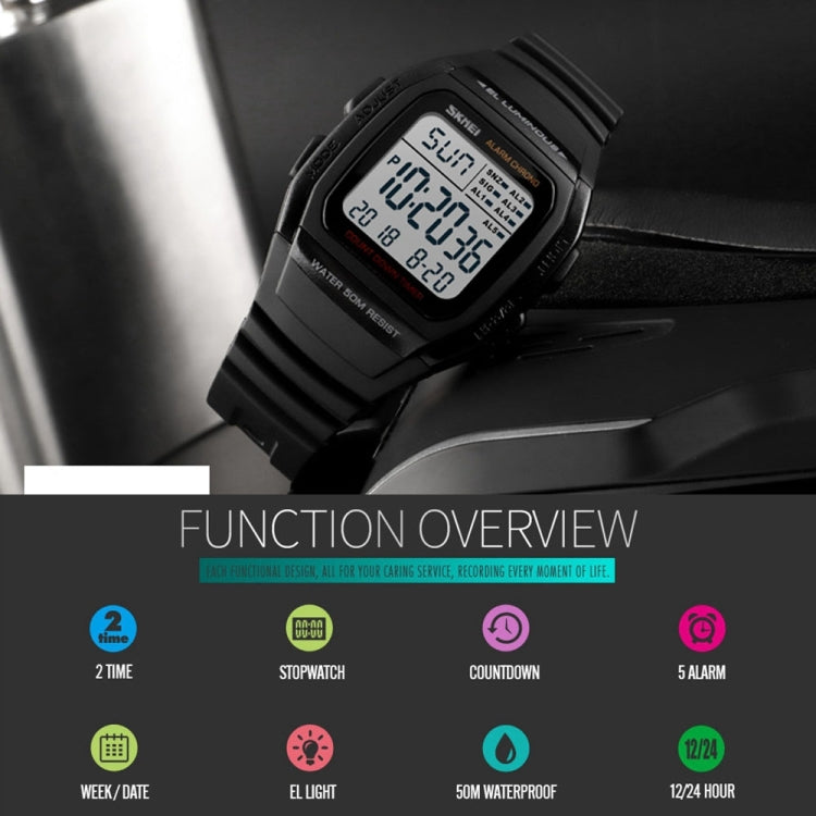 SKMEI 1278 Fashionable Outdoor 50m Water-resistant Digital Watch Student Sports Wrist Watch Support 5 Group Alarm Clocks(Black)
