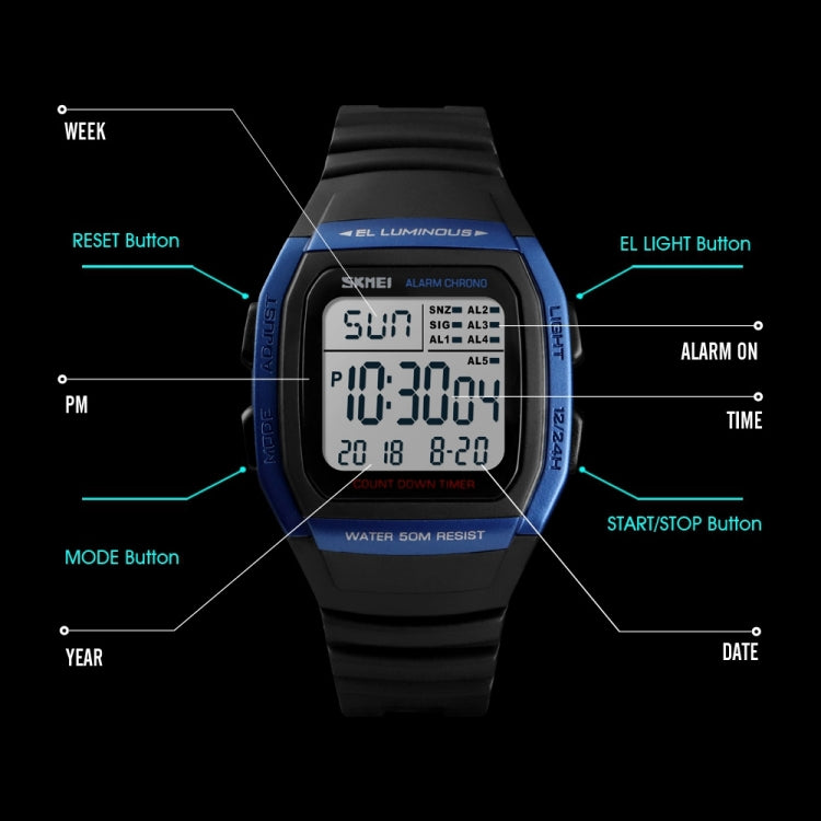 SKMEI 1278 Fashionable Outdoor 50m Water-resistant Digital Watch Student Sports Wrist Watch Support 5 Group Alarm Clocks(Black)