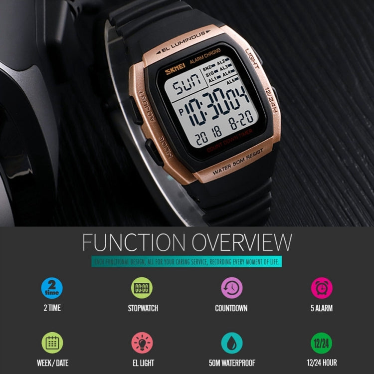 SKMEI 1278 Fashionable Outdoor 50m Water-resistant Digital Watch Student Sports Wrist Watch Support 5 Group Alarm Clocks(Rose Gold)