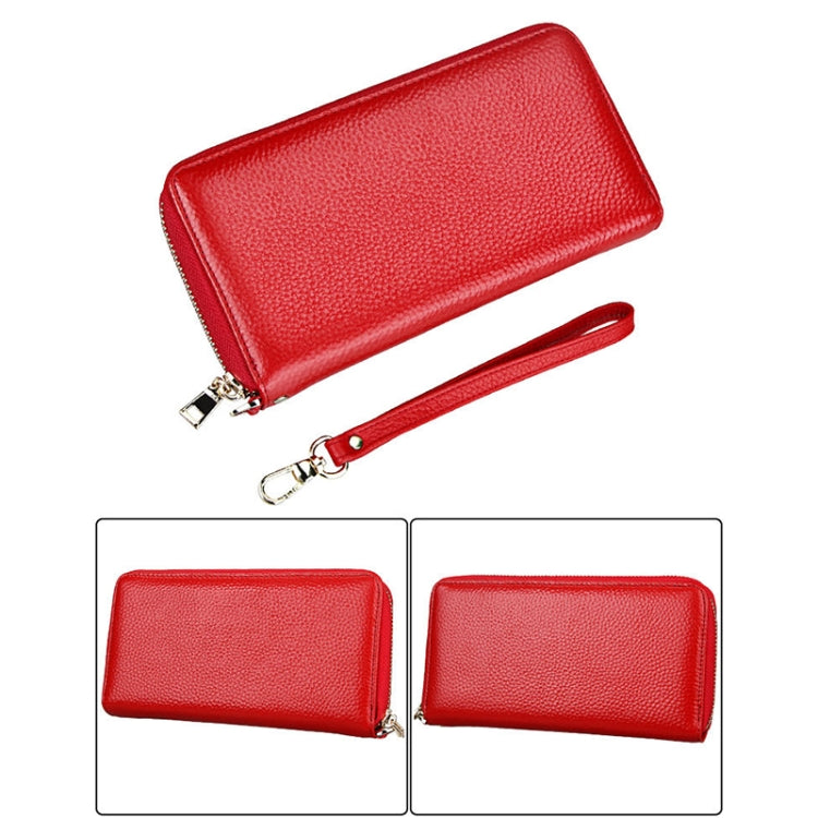 Genuine Cowhide Leather Litchi Texture Zipper Long Style Card Holder Wallet RFID Blocking Coin Purse Card Bag Protect Case with Hand Strap for Women, Size: 20*10.5*3cm(Red)