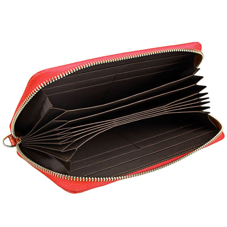 Genuine Cowhide Leather Litchi Texture Zipper Long Style Card Holder Wallet RFID Blocking Coin Purse Card Bag Protect Case with Hand Strap for Women, Size: 20*10.5*3cm(Red)