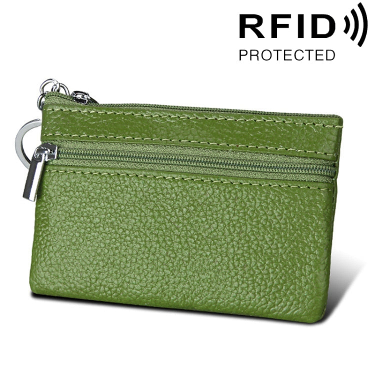 Cowhide Leather Zipper Solid Color Horizontal Card Holder Wallet RFID Blocking Coin Purse Card Bag Protect Case, Size: 11.4*7.4cm(Green)