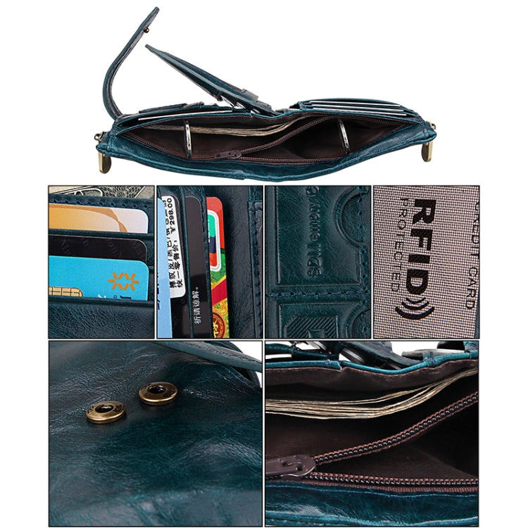 Genuine Cowhide Leather Crazy Horse Texture Zipper 3-folding Card Holder Wallet RFID Blocking Coin Purse Card Bag Protect Case for Men, Size: 12*9.5*3.5cm(Blue)
