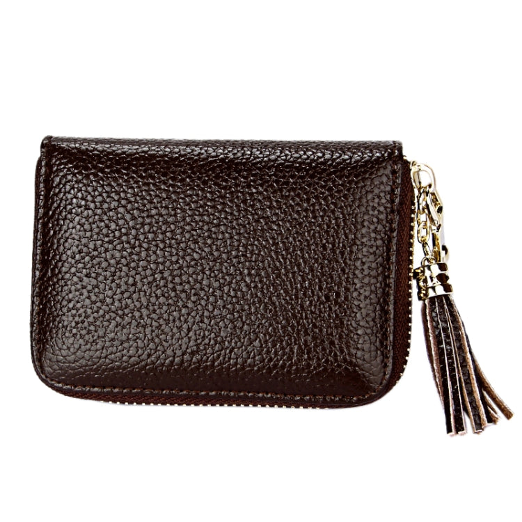 Genuine Cowhide Leather Solid Color Zipper Card Holder Wallet RFID Blocking Card Bag Protect Case Coin Purse with Tassel Pendant & 15 Card Slots for Women, Size: 11.1*7.6*3.5cm(Coffee)