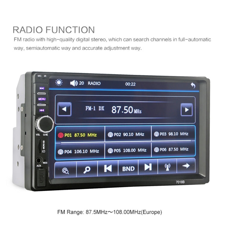 7018B 7.0 inch HD Touch Screen Dual DIN Car Radio Bluetooth Stereo MP3 / MP4 / MP5 Player with Remote Control, with Rearview Camera, 6800 Module, Support FM / TF Card / USB Flash Disk
