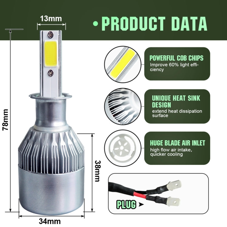 2pcs H3 18W 1800LM 6000K Water-resistant IP68 Car Auto LED Headlight with 2 COB LED Lamps, DC 9-36V(White Light)