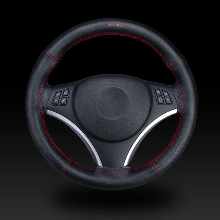 Car Universal 38cm Genuine Leather Hand-stitched Steering Wheel Cover(Black Red) - Steering Wheel Accessories by PMC TechLife | Online Shopping South Africa | PMC TechLife | Buy Now Pay Later Mobicred
