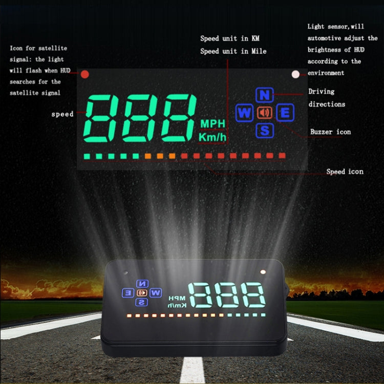 A2 HUD 3.5 inch HD GPS Car Head Up Display, Speed & Over Speed Alarm, Compass, Freely Switch Between Kilometers and Miles(Black)