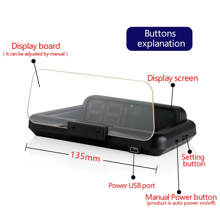 C500 Car HUD Virtual HD Projection Head-up Display, With Adjustable Reflection Board, Speed & RPM & Water Temperature & Oil Consumption & Driving Distance / Time & Voltage Display, Over Speed Alarm, Connect OBD2 Interface(Green)