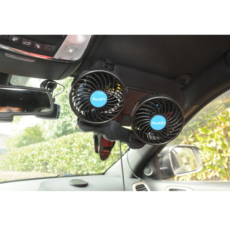 HUXIN HX-T605E 7W 360 Degree Adjustable Rotation Clip Two Head Low Noise Mini Electric Car Fan with Roller Switch, DC12V