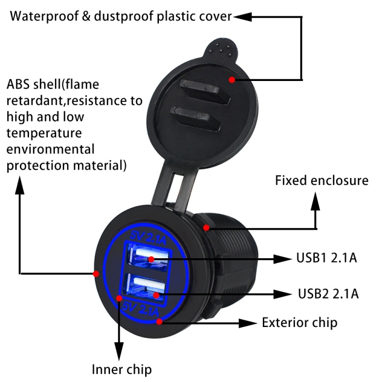 Universal Car Charger 2 Port Power Socket Power Dual USB Charger 5V 4.2A IP66 with Aperture(Blue Light)
