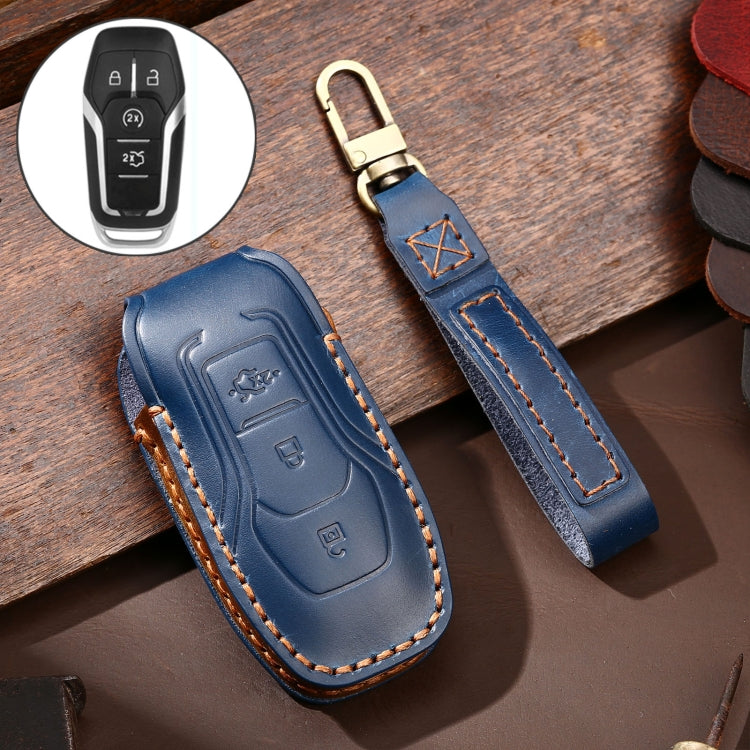 Hallmo Car Cowhide Leather Key Protective Cover Key Case for Ford Focus A Style(Blue)