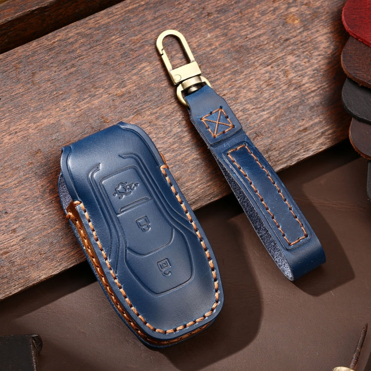 Hallmo Car Cowhide Leather Key Protective Cover Key Case for Ford Focus A Style(Blue)