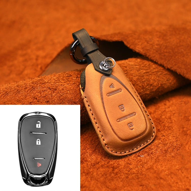 For Chevrolet Car Cowhide Leather Key Protective Cover Key Case, Three Keys Version (Brown)
