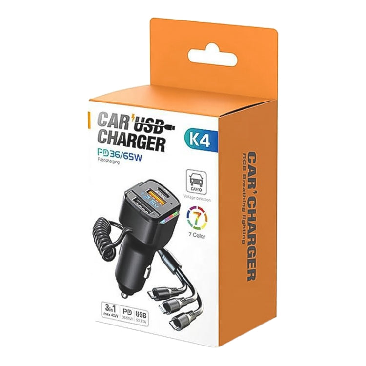 K4 Car 3 in 1 PD + USB Dual Port Fast Charger with Spring Data Cable - Car Charger by PMC TechLife | Online Shopping South Africa | PMC TechLife | Buy Now Pay Later Mobicred