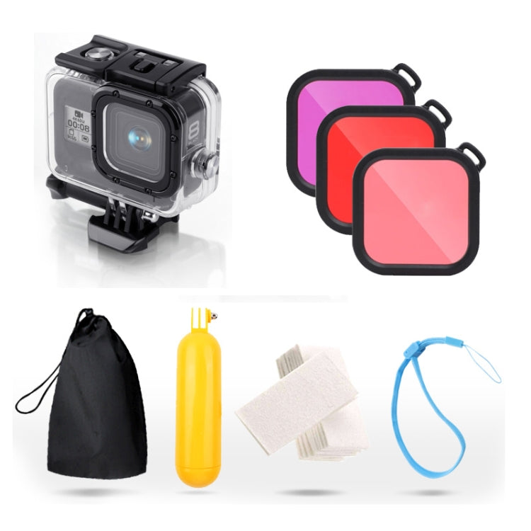 For GoPro HERO8 Black 45m Water-resistant Housing Protective Case with Buckle Basic Mount & Screw & (Purple, Red, Pink) Filters & Floating Bobber Grip & Strap & Anti-Fog Inserts (Transparent)