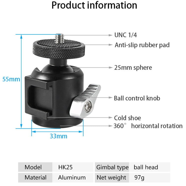 BEXIN HK25 Aluminum Alloy Cold Shoe Tripod Adapter Ball Head (Black)