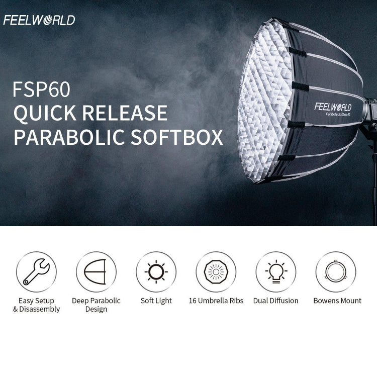 FEELWORLD FSP60 60cm Parabolic Softbox Quick Release Diffuser with Bowens Mount (Black) - free shipping - PMC Jewellery - Order now!