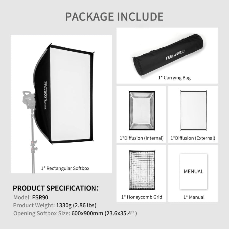 FEELWORLD FSR90 60x90cm Rectangular Softbox Quick Release Bowens Mount Diffuser - free shipping - PMC Jewellery - Order now!