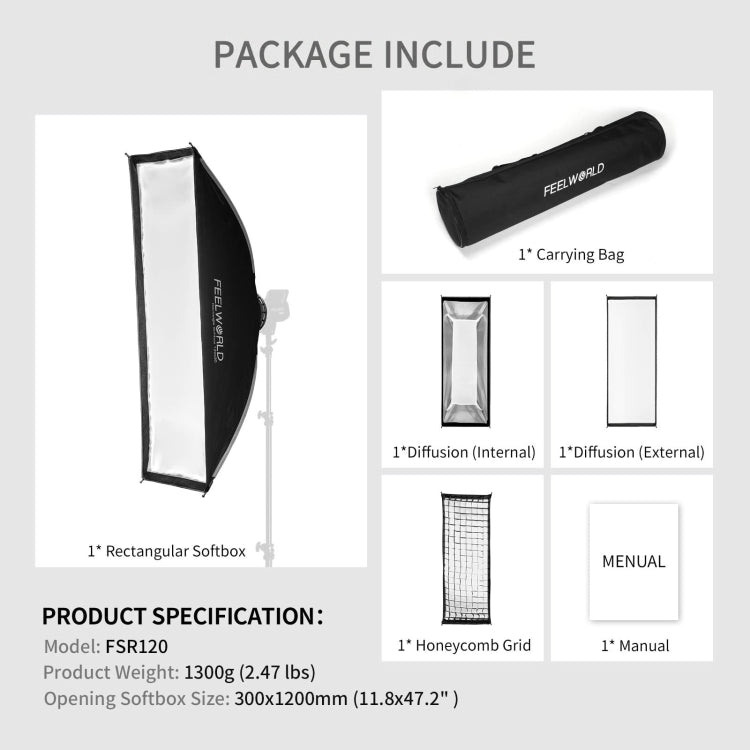 FEELWORLD FSR120 30x120cm Rectangular Softbox Quick Release Bowens Mount Diffuser - free shipping - PMC Jewellery - Order now!