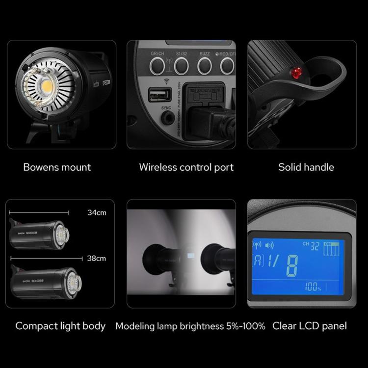 Godox SK300II-V Studio Flash Photo Light 300Ws Bowens Mount Monolight Light (UK Plug)