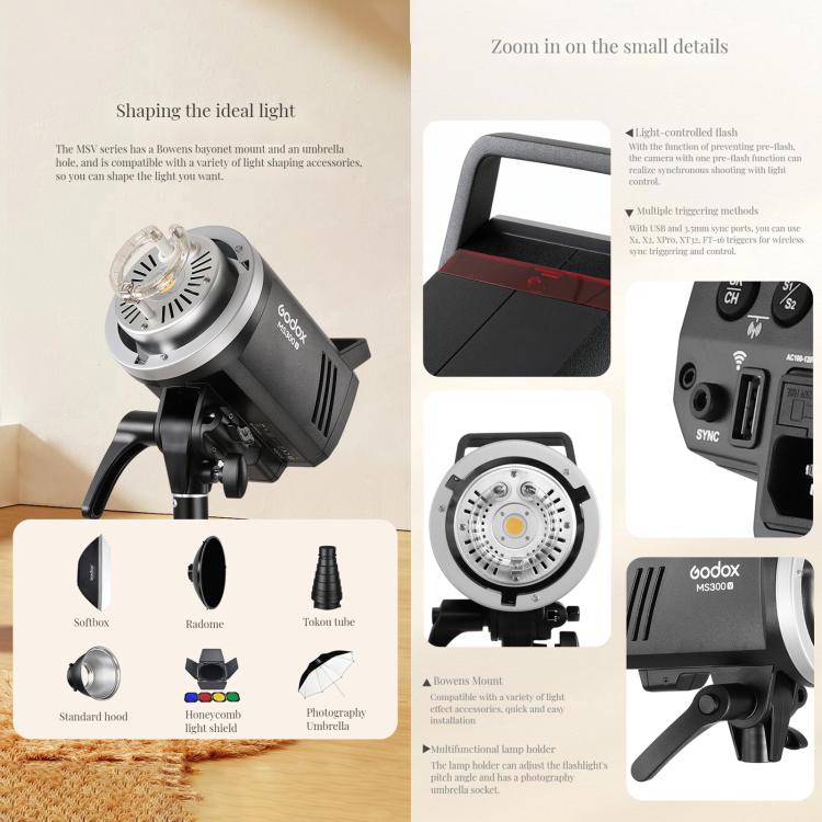 Godox MS200-V Studio Flash Light 200Ws Bowens Mount Strobe Light with Lamp Cover (EU Plug) - free shipping - PMC TechLife - Order now!