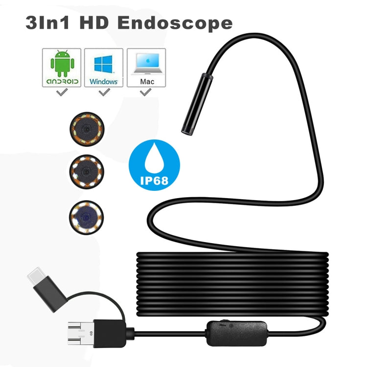 Y101 8mm Spiral Head 3 In 1 Water-resistant Digital Endoscope Inspection Camera, Length: 5m Flexible Cable(Black)