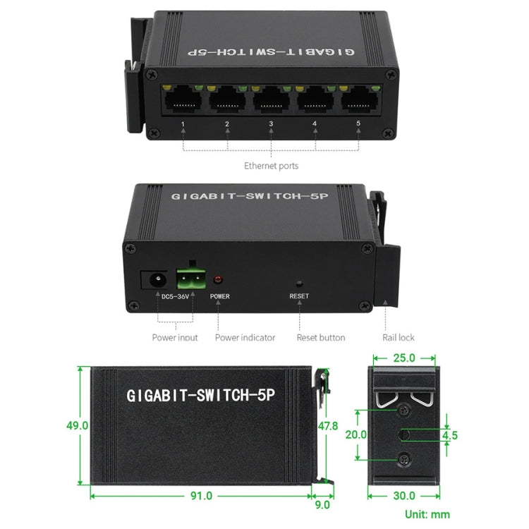 Waveshare Industrial 5P Gigabit Ethernet Switch, Full-Duplex 10/100/1000M, DIN Rail Mount - free shipping - PMC Jewellery - Order now!
