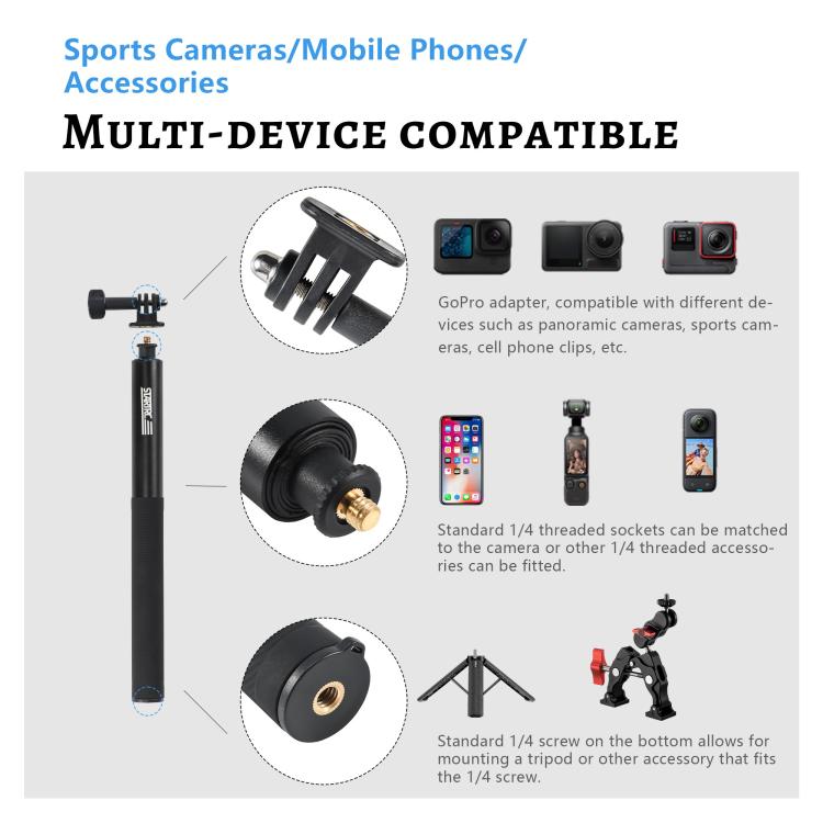 STARTRC 1.3m Handheld Extendable Pole Monopod (Black) - free shipping - PMC Jewellery - Order now!
