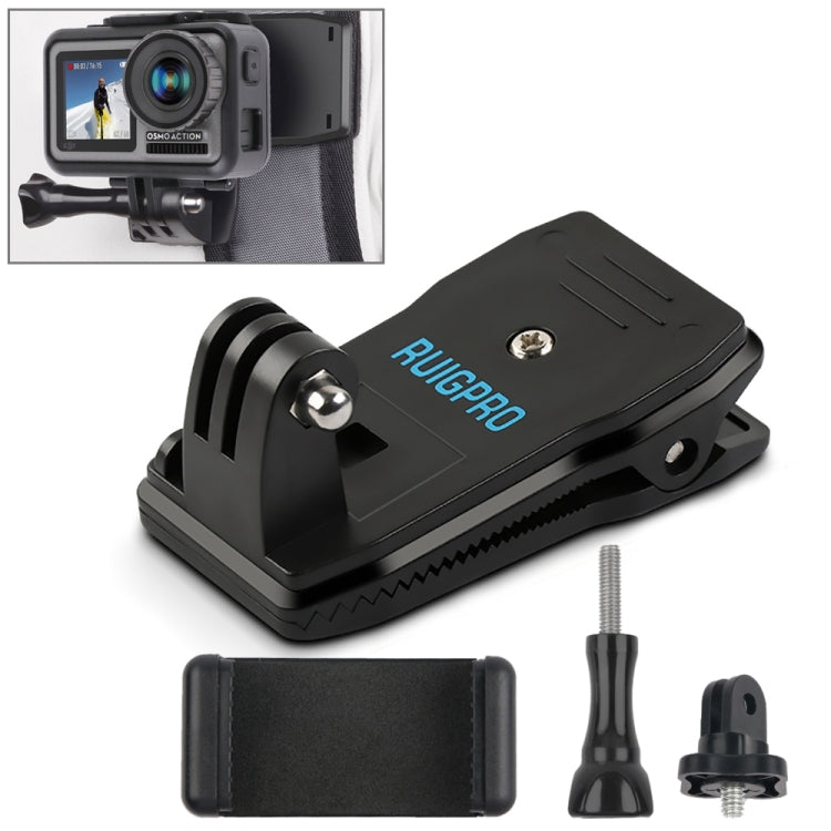 RUIGPRO 360 Degree Rotation Backpack Rec-Mounts Clip Clamp Mount + Phone Clamp for GoPro, Insta360, DJI and Other Action Cameras(Black) - Mount & Holder by RUIGPRO | Online Shopping South Africa | PMC Jewellery | Buy Now Pay Later Mobicred
