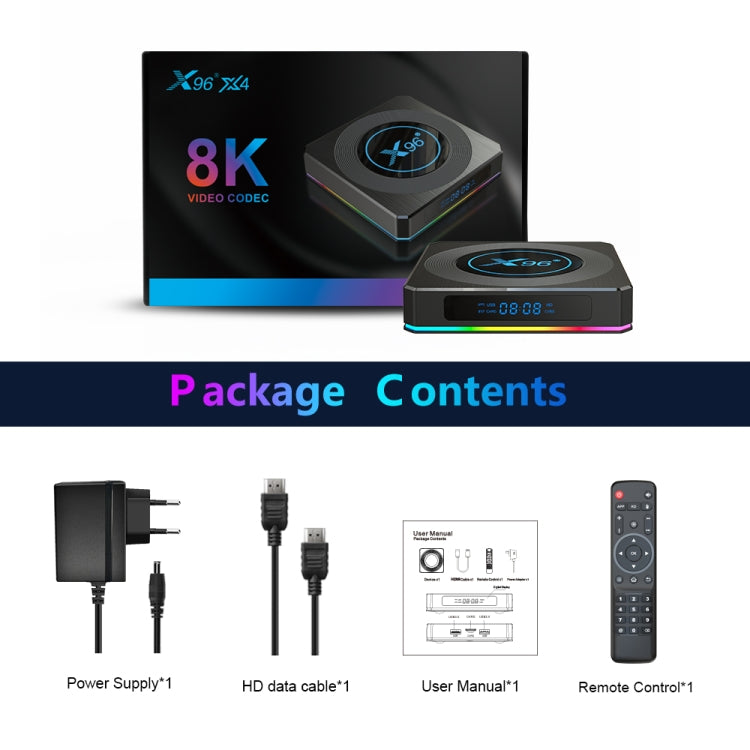 X96 X4 8K Smart TV BOX Android 11.0 Media Player with Remote Control, Amlogic S905X4 Quad Core ARM Cortex A55, RAM: 4GB, ROM: 64GB, Support 1000M, Dual Band WiFi, Bluetooth, UK Plug