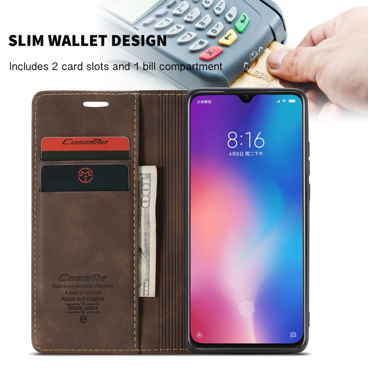 CaseMe-013 Multi-functional Retro Frosted Horizontal Flip Leather Case with Card Slot & Holder & Wallet For Xiaomi Mi 9(Coffee)