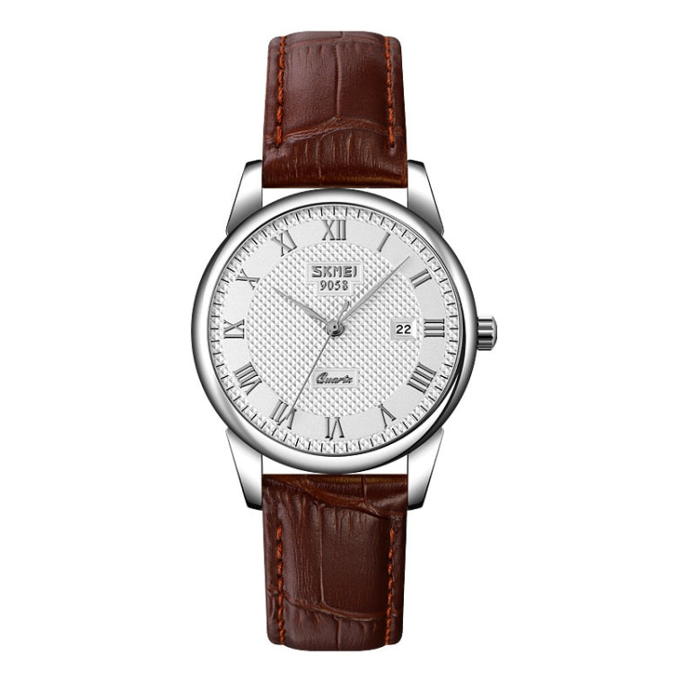 SKMEI 9058 Multifunctional Outdoor Fashion Water-resistant Silver Shell Quartz Wrist Watch (Women Style Silver Face Brown Strap)