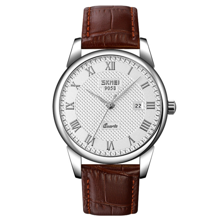 SKMEI 9058 Multifunctional Outdoor Fashion Water-resistant Silver Shell Quartz Wrist Watch (Men Style Silver Face Brown Strap)