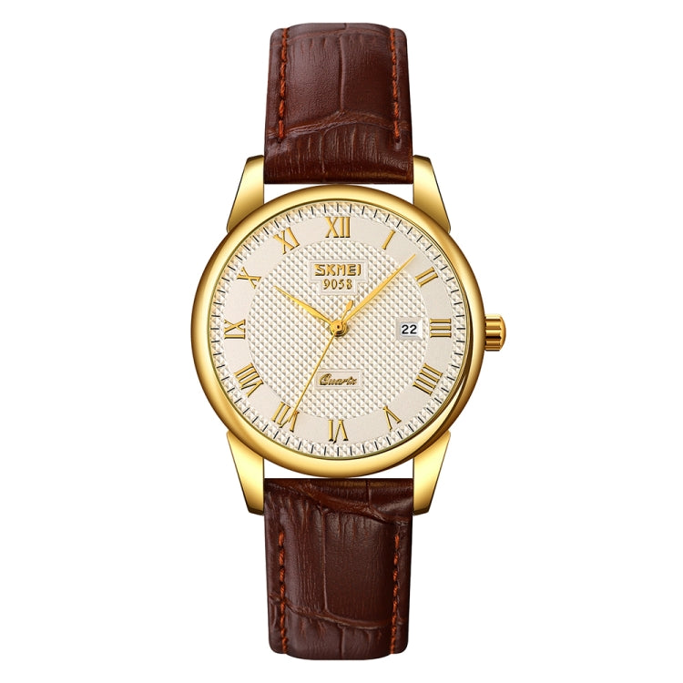 SKMEI 9058 Multifunctional Outdoor Fashion Water-resistant Gold Shell Quartz Wrist Watch(Women Style Silver Face Brown Strap)