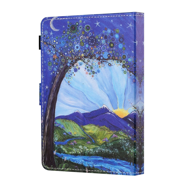 For 10 inch Tablet PC Universal Sewing Thread Horizontal Painted Flat Leather Case with Pen Cover & Anti Skid Strip & Card Slot & Holder(Sunrise With Tree)