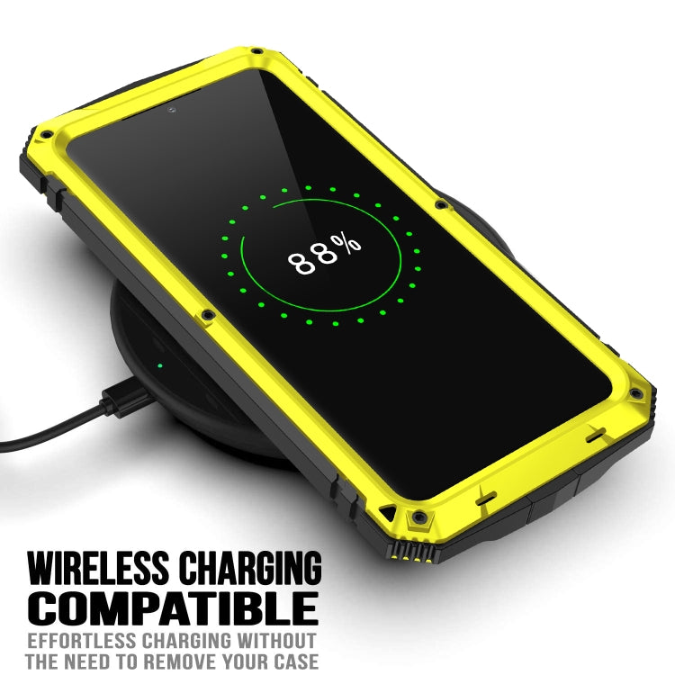 For Samsung Galaxy S21 5G R-JUST Shockproof Water-resistant Dust-proof Metal + Silicone Protective Case with Holder(Yellow)