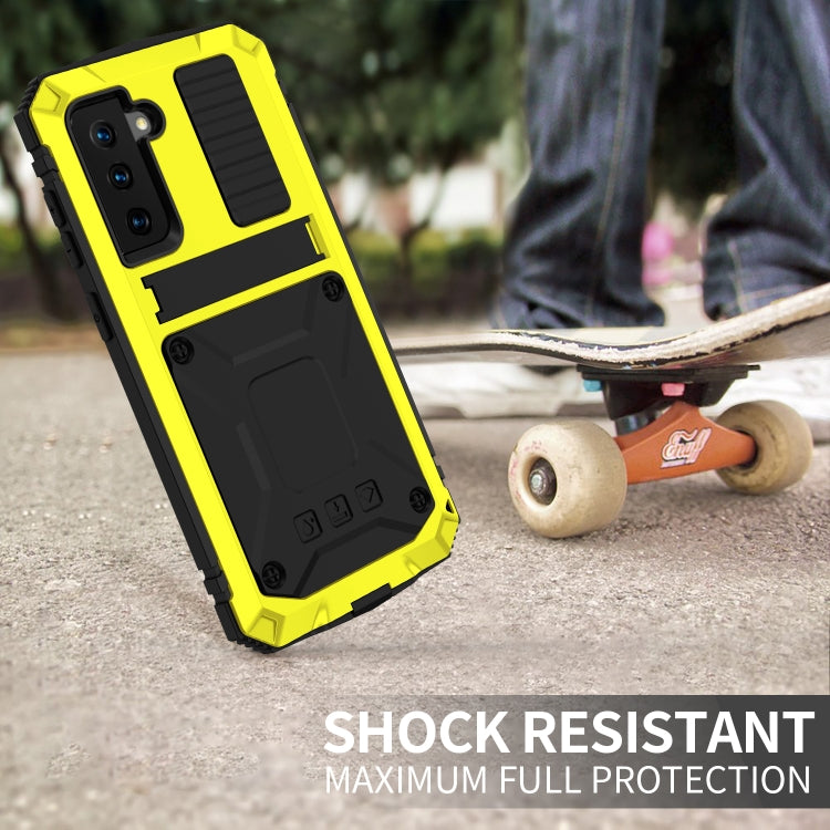 For Samsung Galaxy S21 5G R-JUST Shockproof Water-resistant Dust-proof Metal + Silicone Protective Case with Holder(Yellow)