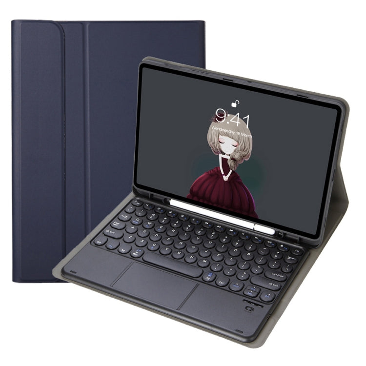 YA098B-A Detachable Lambskin Texture Round Keycap Bluetooth Keyboard Leather Tablet Case with Touch Control & Pen Slot & Stand For iPad Air 4 10.9 inch (2020) / Pro 11 inch (2020) & (2018)(Dark Blue)