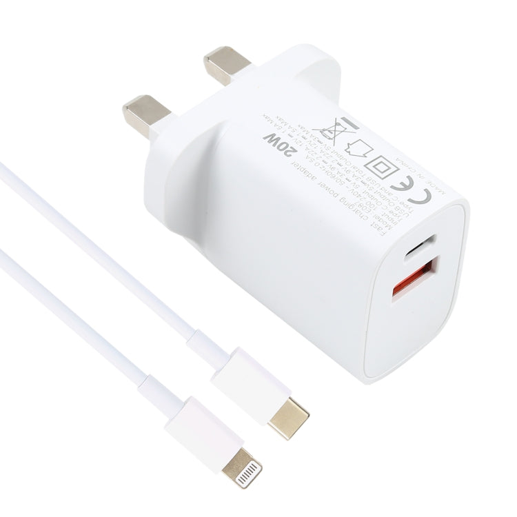 E087 20W USB-C / Type-C + USB Ports Charger with 100W Type-C to 8 Pin Fast Charging Cable 2m, UK Plug