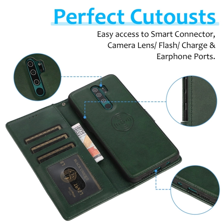 For Xiaomi Redmi Note 8 Pro Calf Texture 2 in 1 Detachable Magnetic Back Cover Horizontal Flip Leather Case with Holder & Card Slots & Wallet & Photo Frame (Green)